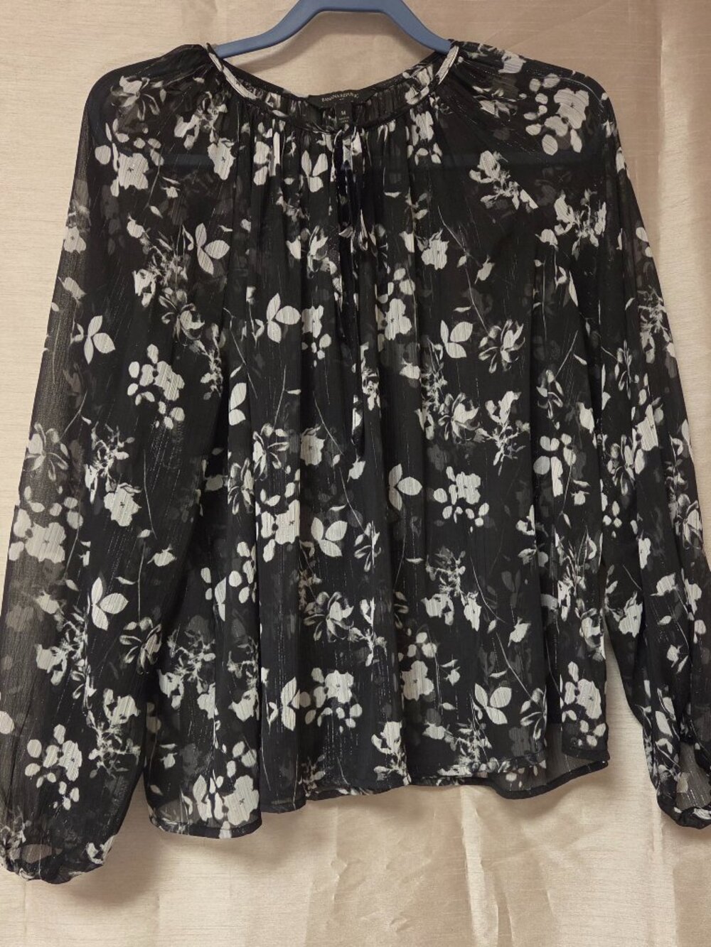 Banana Republic Women's Floral Black Blouse with Silver Sheer, Size M
